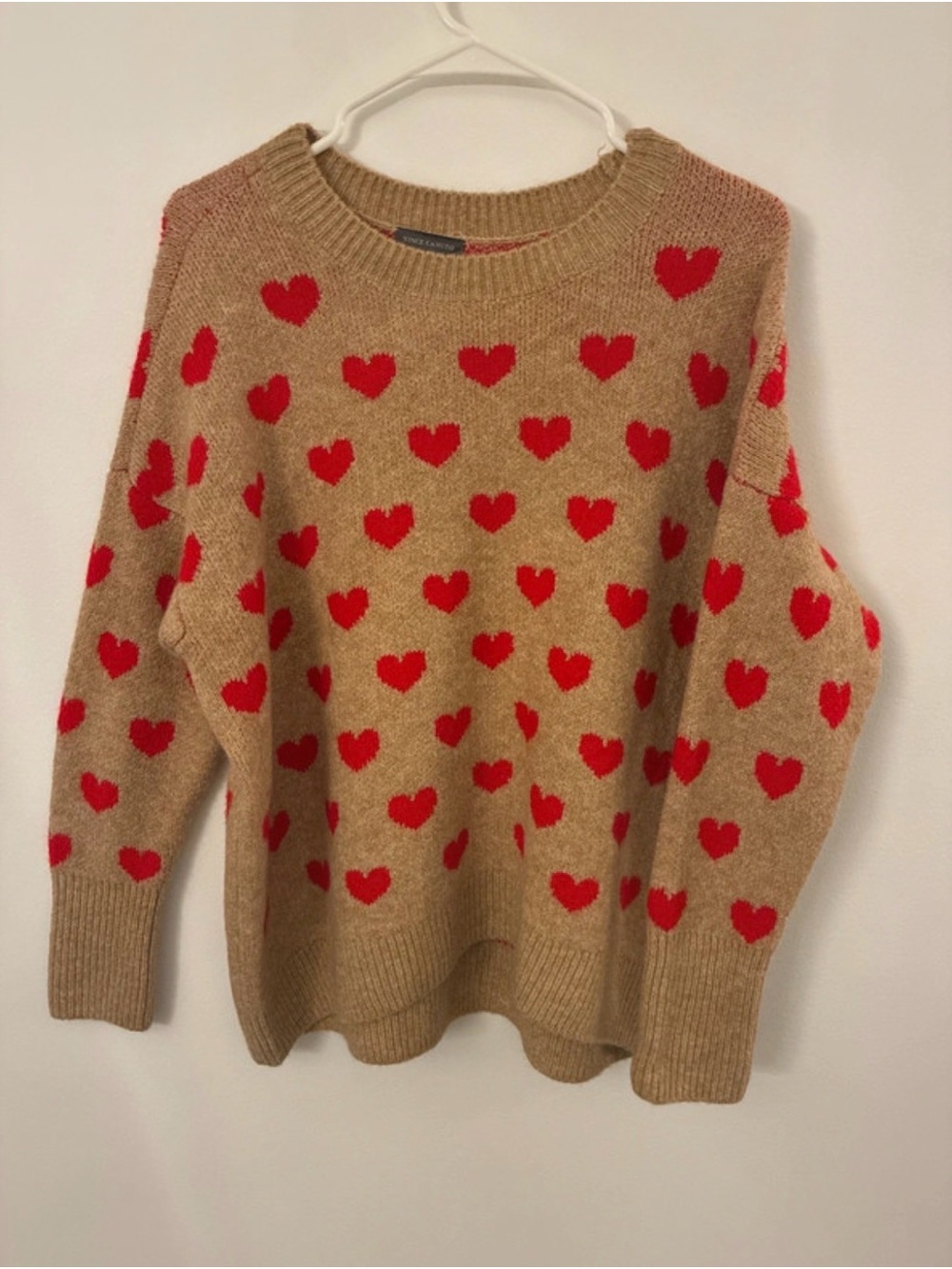 Vince Camuto Tan Sweater with Red Heart Pattern